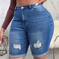 Women Ripped Skinny Denim Short High Waisted Folded Cuffed Hem Jeans Shorts Summer Stretchy Slim Jean Short Pant Archaic