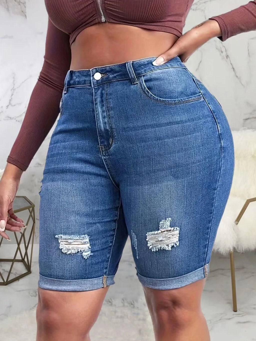 Women Ripped Skinny Denim Short High Waisted Folded Cuffed Hem Jeans Shorts Summer Stretchy Slim Jean Short Pant Archaic