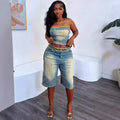 European and American Women's Denim Suits. Summer's New Fashionable Fringed Strapless Top and High-waisted Short Jeans for Women